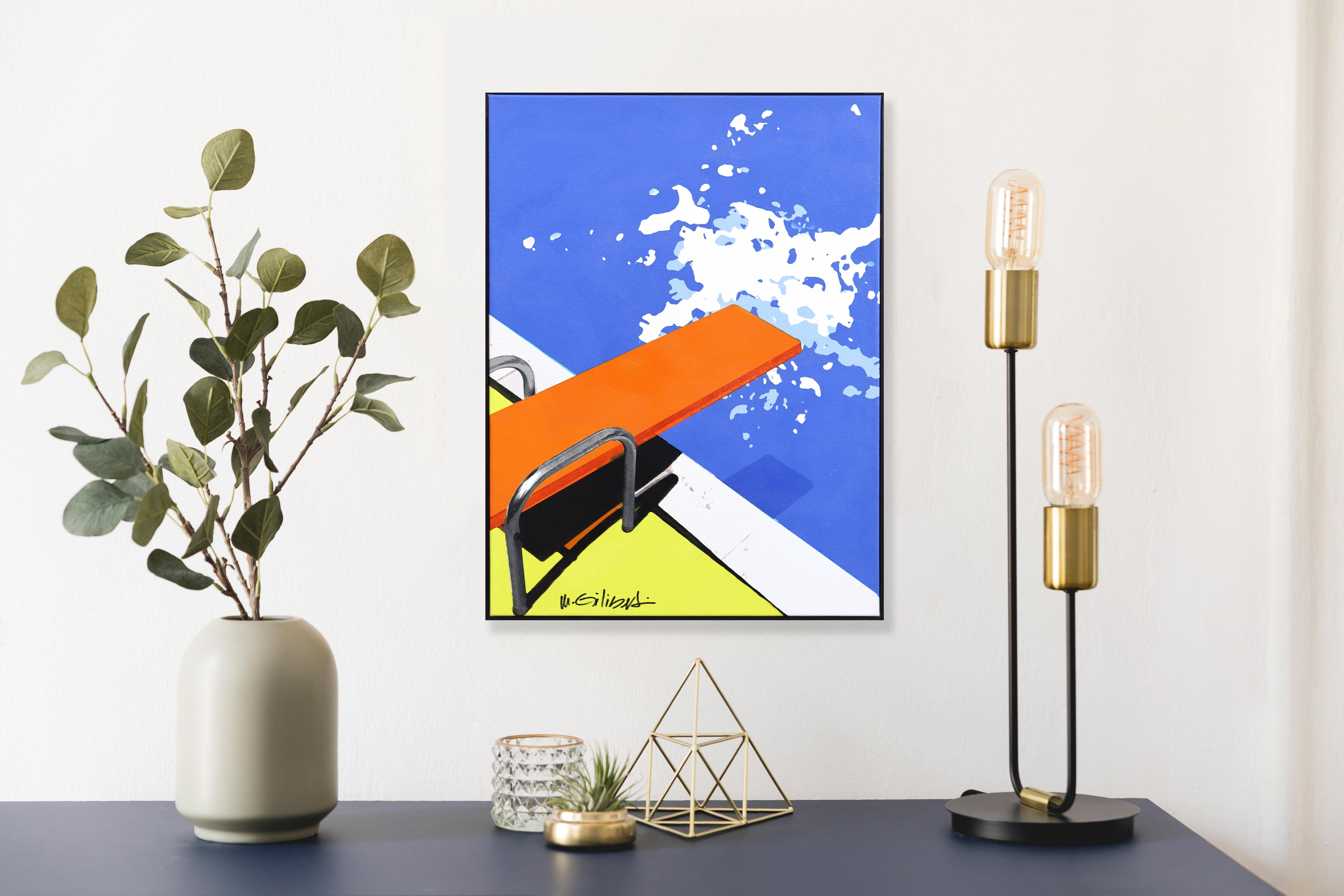 Orange Board - Abstrait Vibrant Mid Century Modern Pool Still Life Painting - Bleu Still-Life Painting par Michael Giliberti