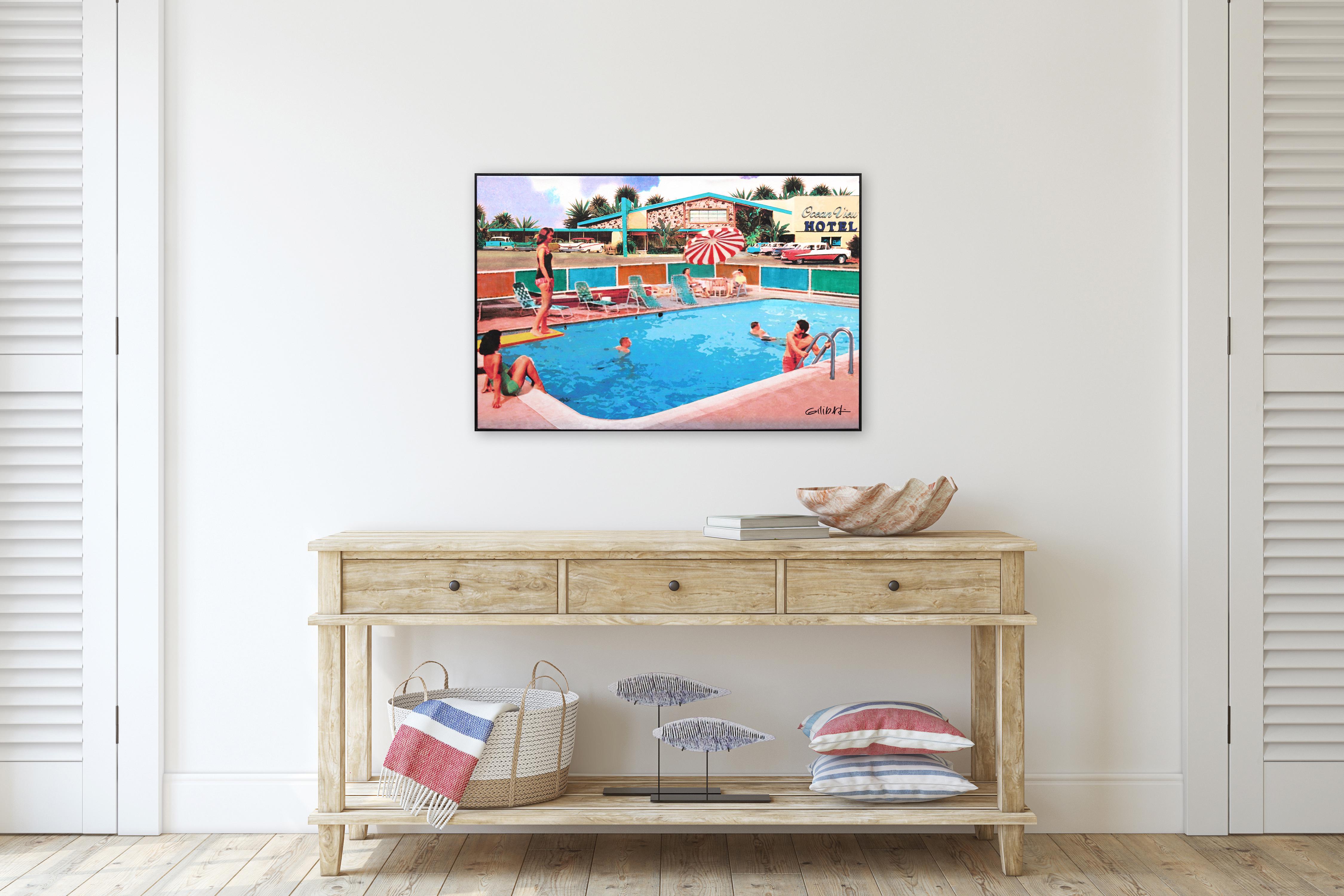 Poolside at the Ocean View – gerahmtes Original-Kunstwerk, Mid-Century Modern Pool (Pop-Art), Mixed Media Art, von Michael Giliberti