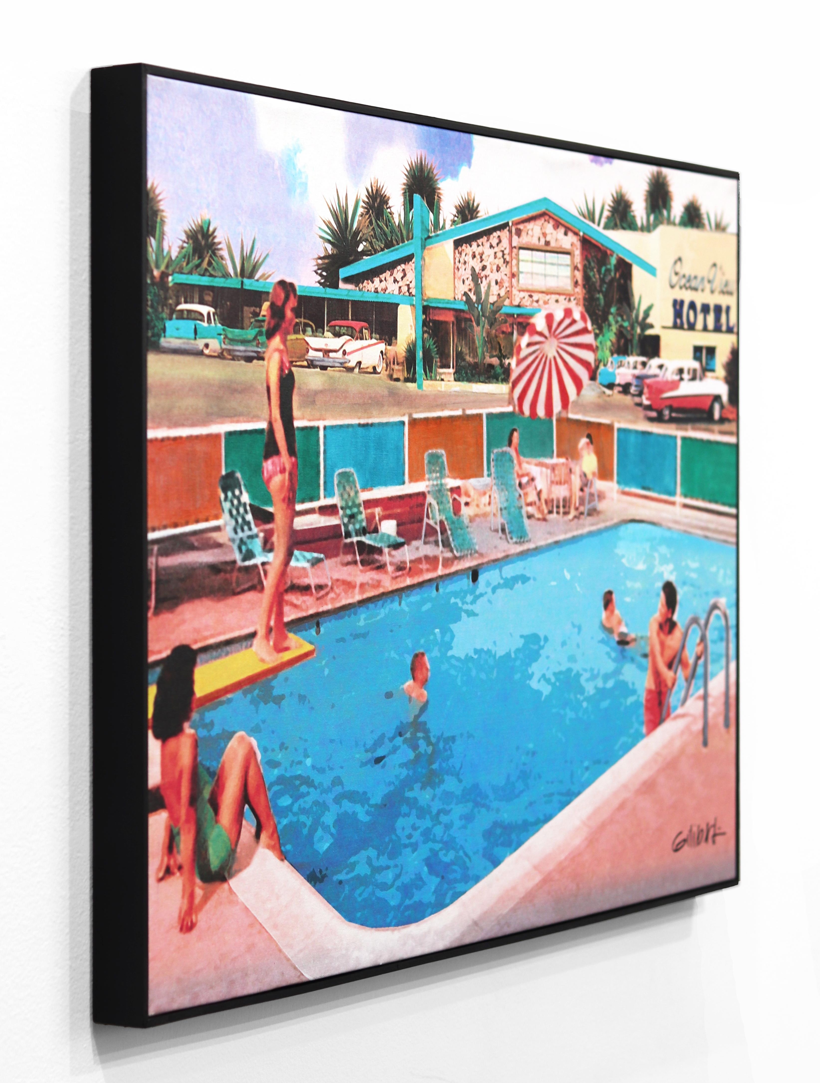 Poolside at the Ocean View – gerahmtes Original-Kunstwerk, Mid-Century Modern Pool im Angebot 1