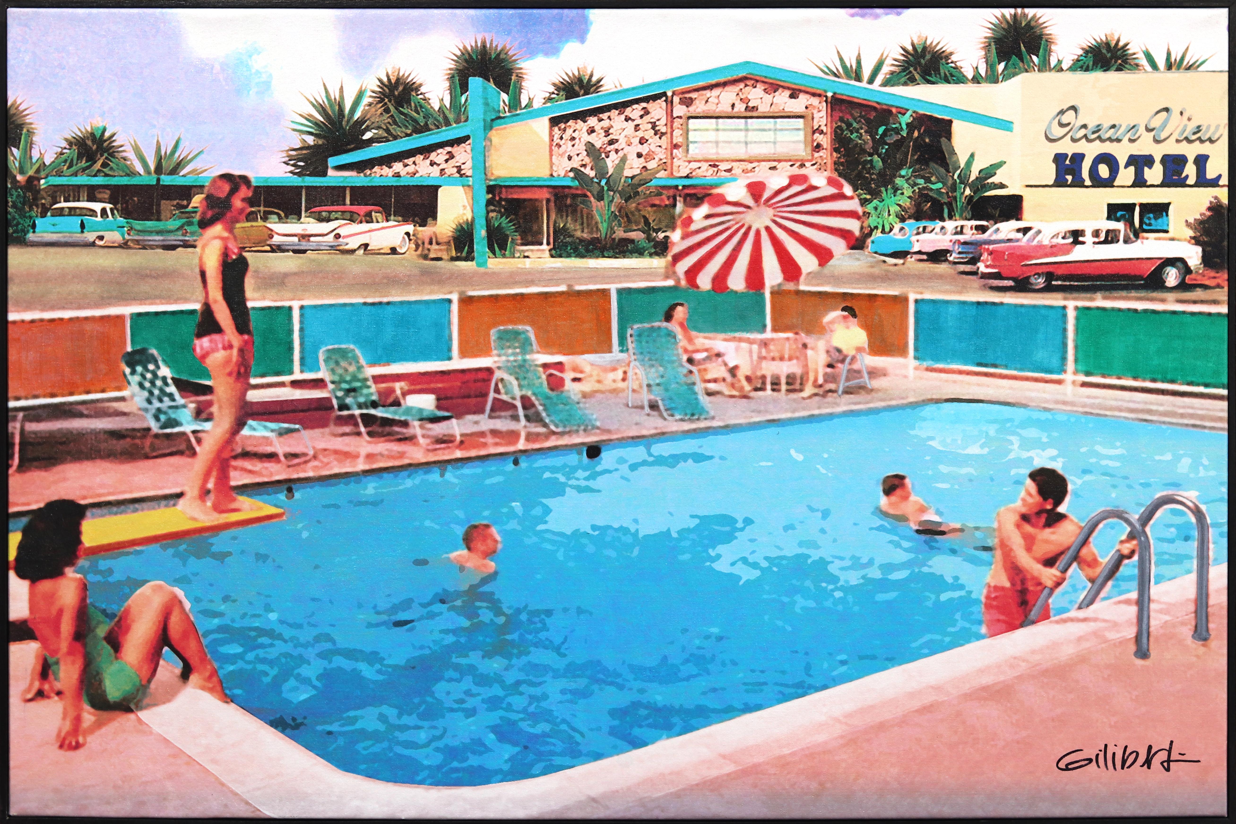 Poolside at the Ocean View – gerahmtes Original-Kunstwerk, Mid-Century Modern Pool – Mixed Media Art von Michael Giliberti