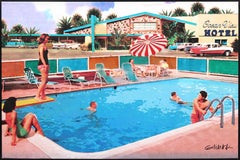 Poolside at the Ocean View - Framed Original Artwork Mid Century Modern Pool
