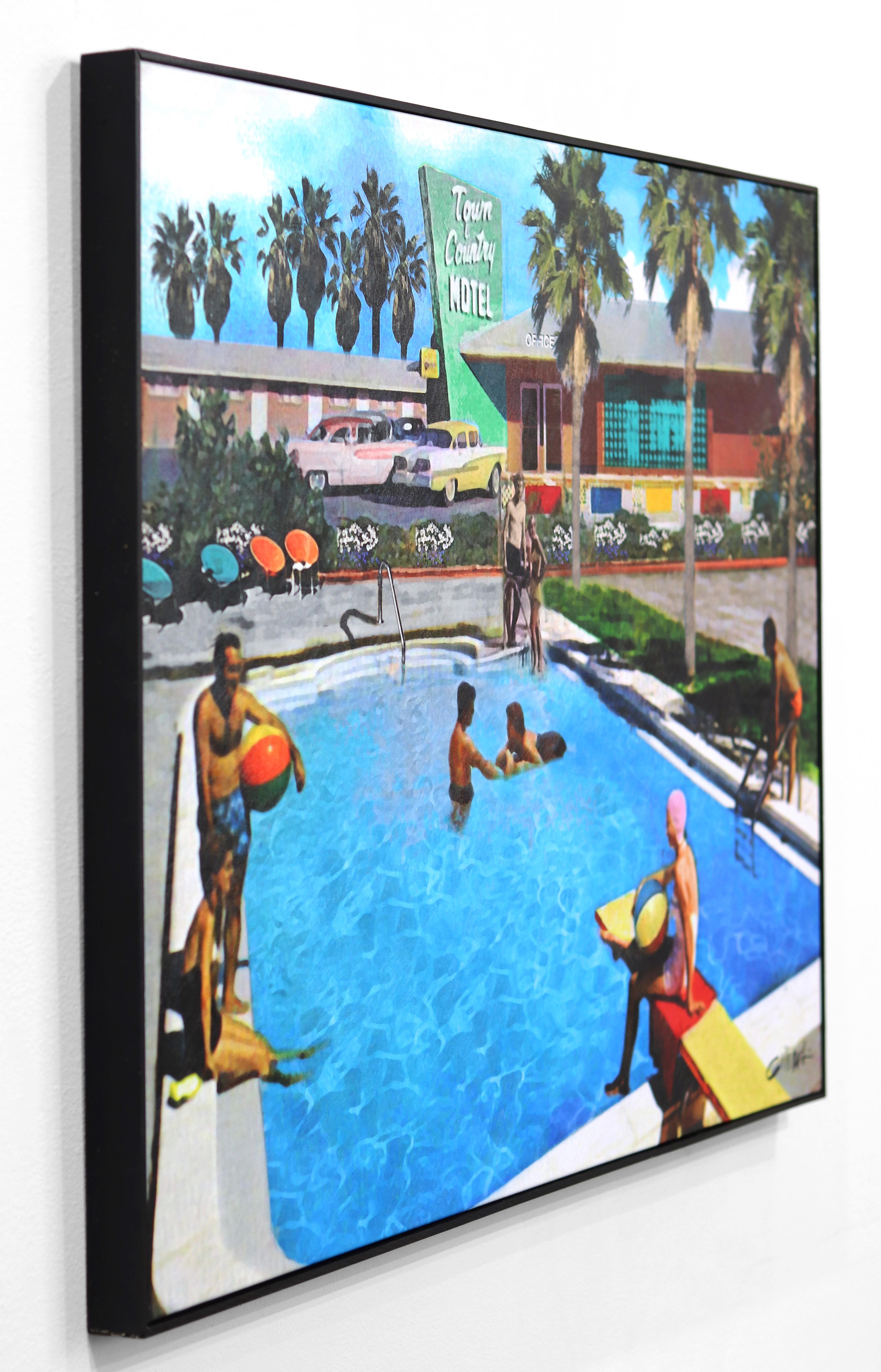 Poolside at the Town & Country - Framed Original Painting Mid Century Modern For Sale 2