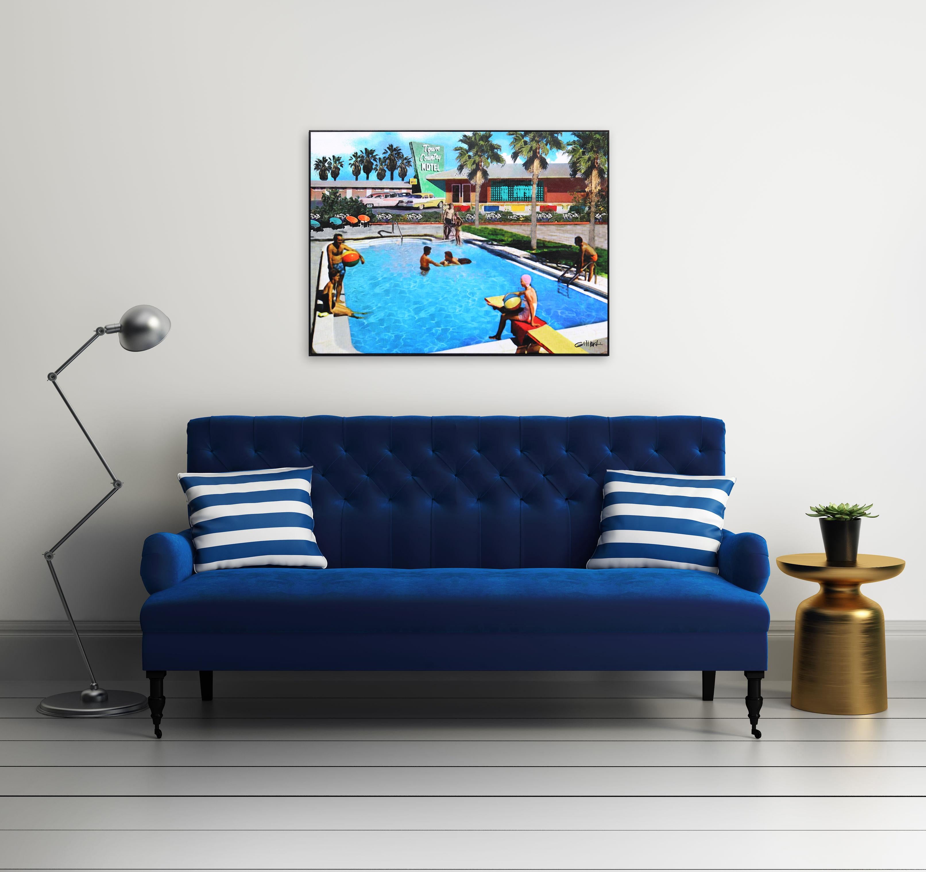 Poolside at the Town & Country - Framed Original Painting Mid Century Modern For Sale 4