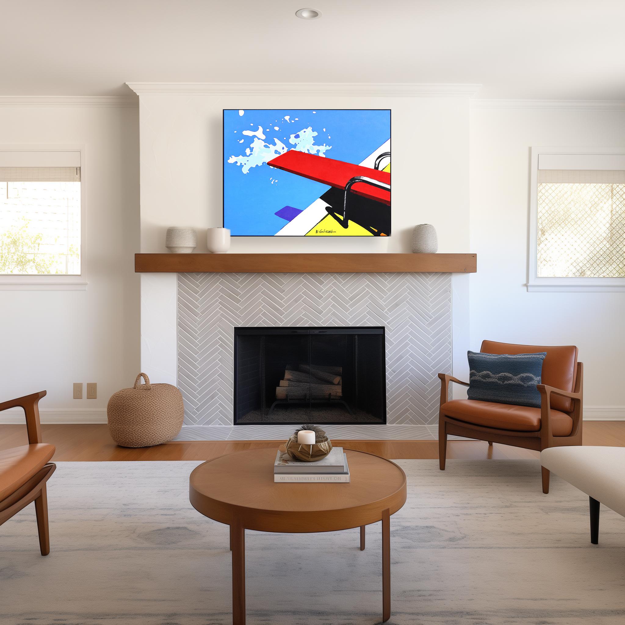 Rotes Brett - Abstraktes lebhaftes Mid Century Modernes Pool Wasser Stillleben Gemälde (Pop-Art), Mixed Media Art, von Michael Giliberti