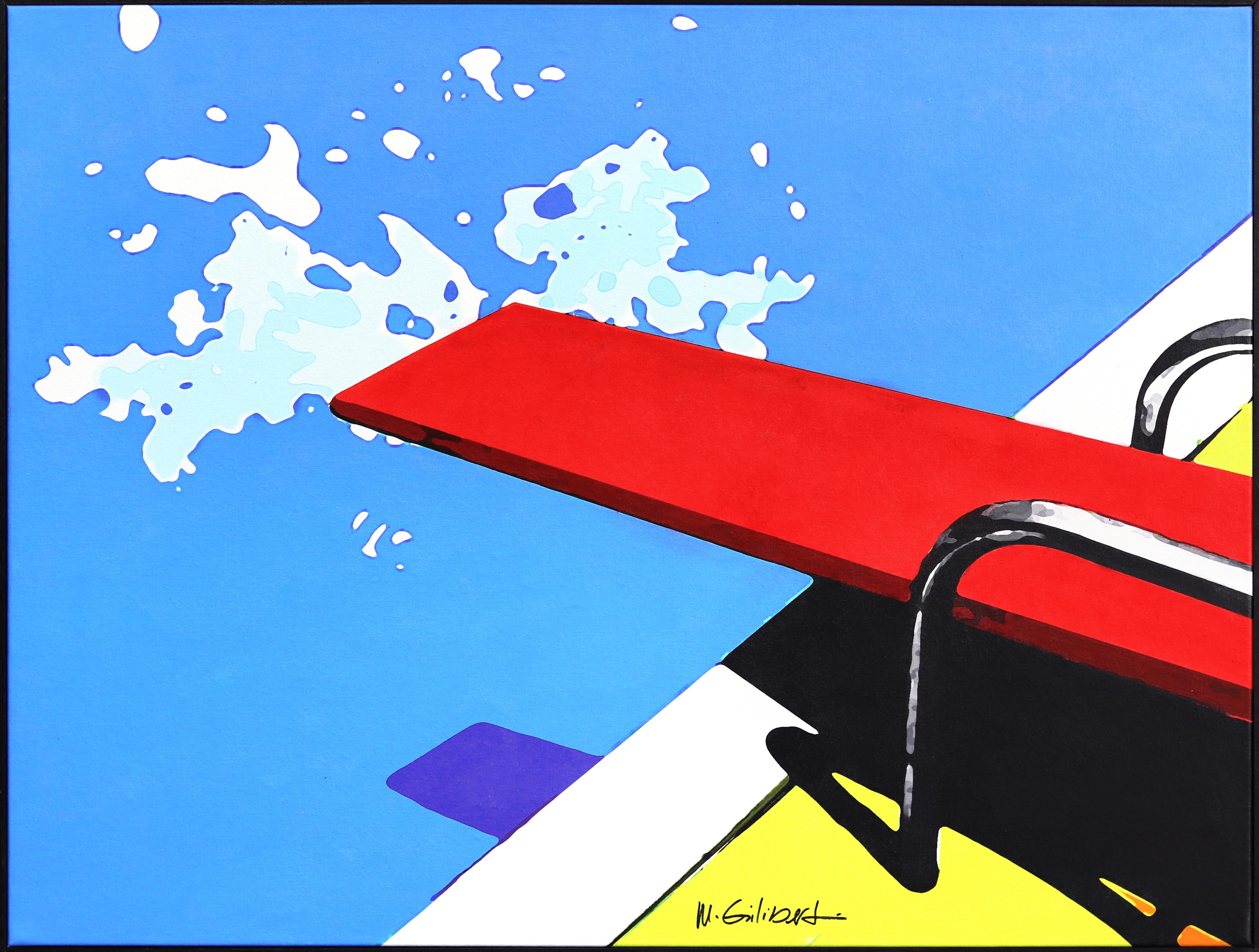 Rotes Brett - Abstraktes lebhaftes Mid Century Modernes Pool Wasser Stillleben Gemälde – Mixed Media Art von Michael Giliberti