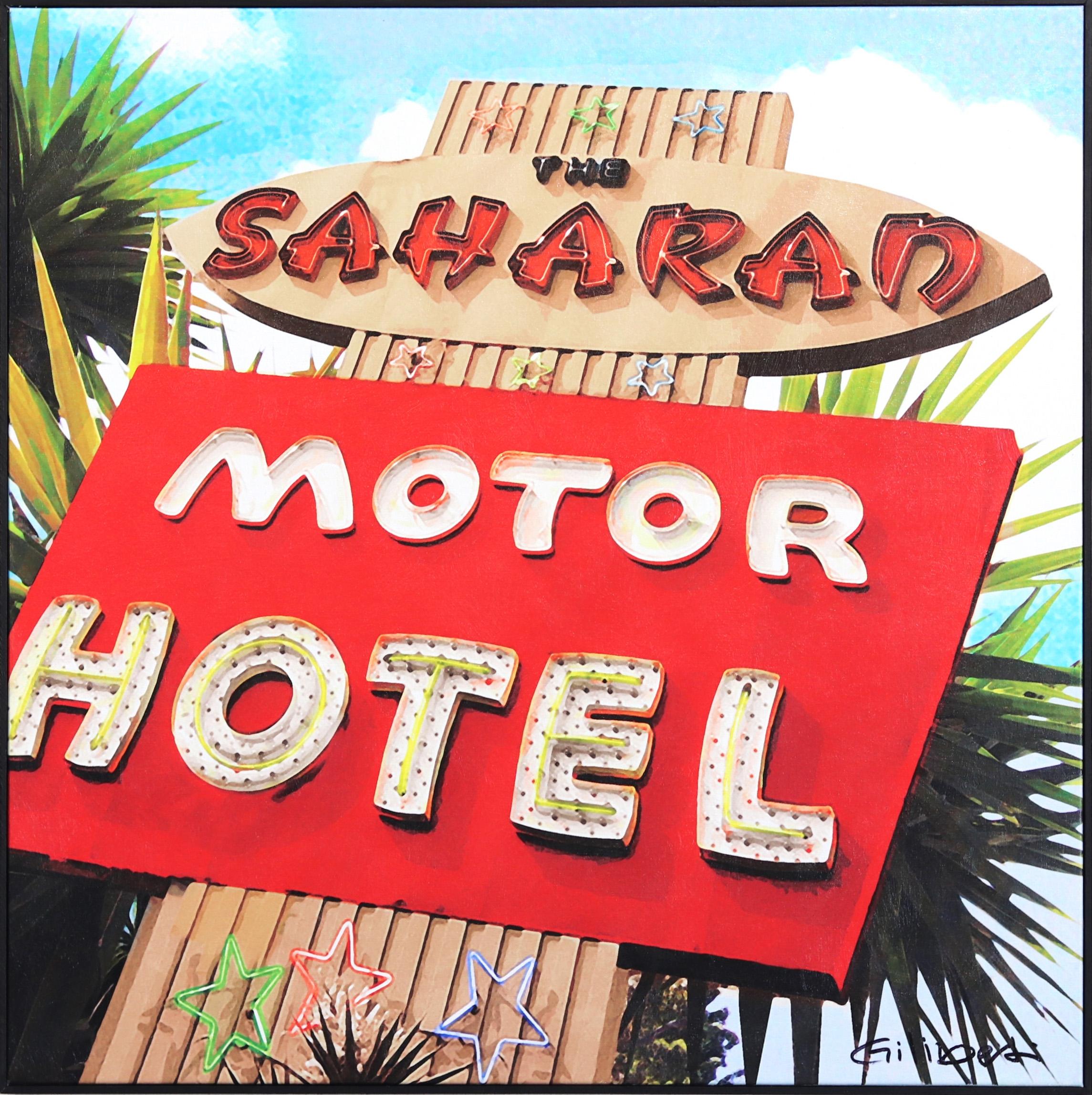 Saharan Motor Motel LA – Modernes gerahmtes Original-Kunstwerk der Mitte des Jahrhunderts – Mixed Media Art von Michael Giliberti