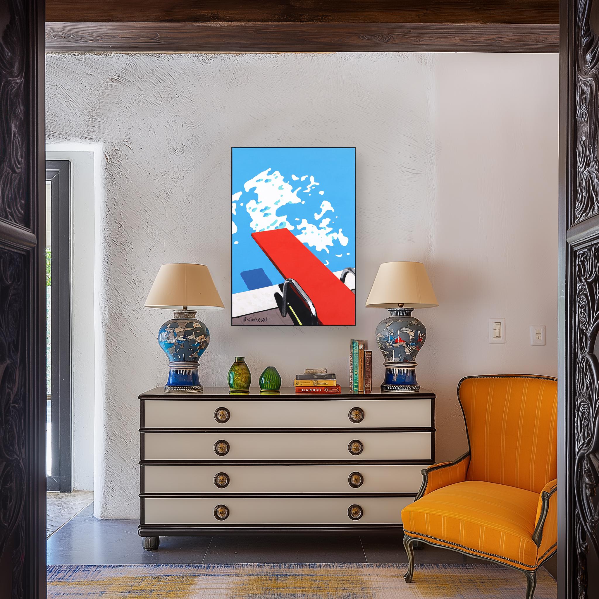 Trampolín rojo vertical - Pintura abstracta de bodegón moderno de mediados de siglo - Mixed Media Art Arte pop de Michael Giliberti