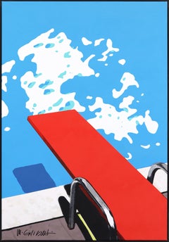 Trampolín rojo vertical - Pintura abstracta de bodegón moderno de mediados de siglo