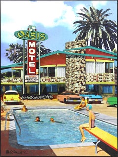 Fin de semana en el oasis - Pintura original enmarcada Mid Century Modern