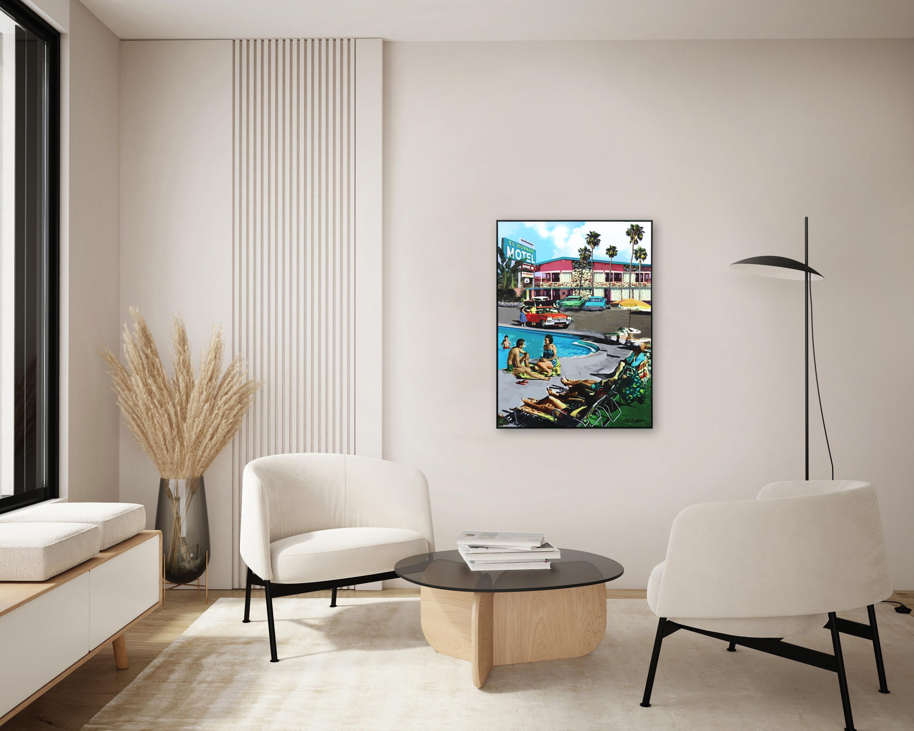 Weekend Escape - Framed Original Painting Mid Century Modern Motel Cars Pool For Sale 2
