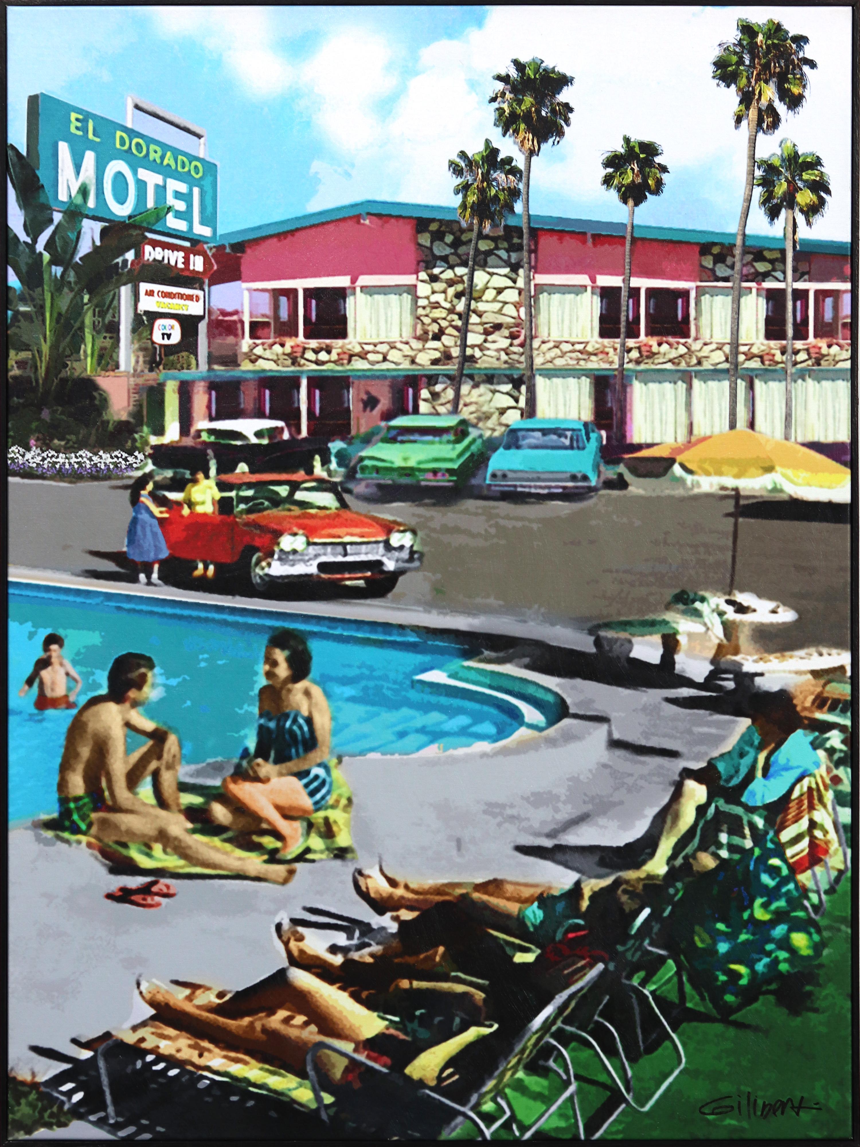 Weekend Escape - Framed Original Painting Mid Century Modern Motel Cars Pool - Mixed Media Art by Michael Giliberti