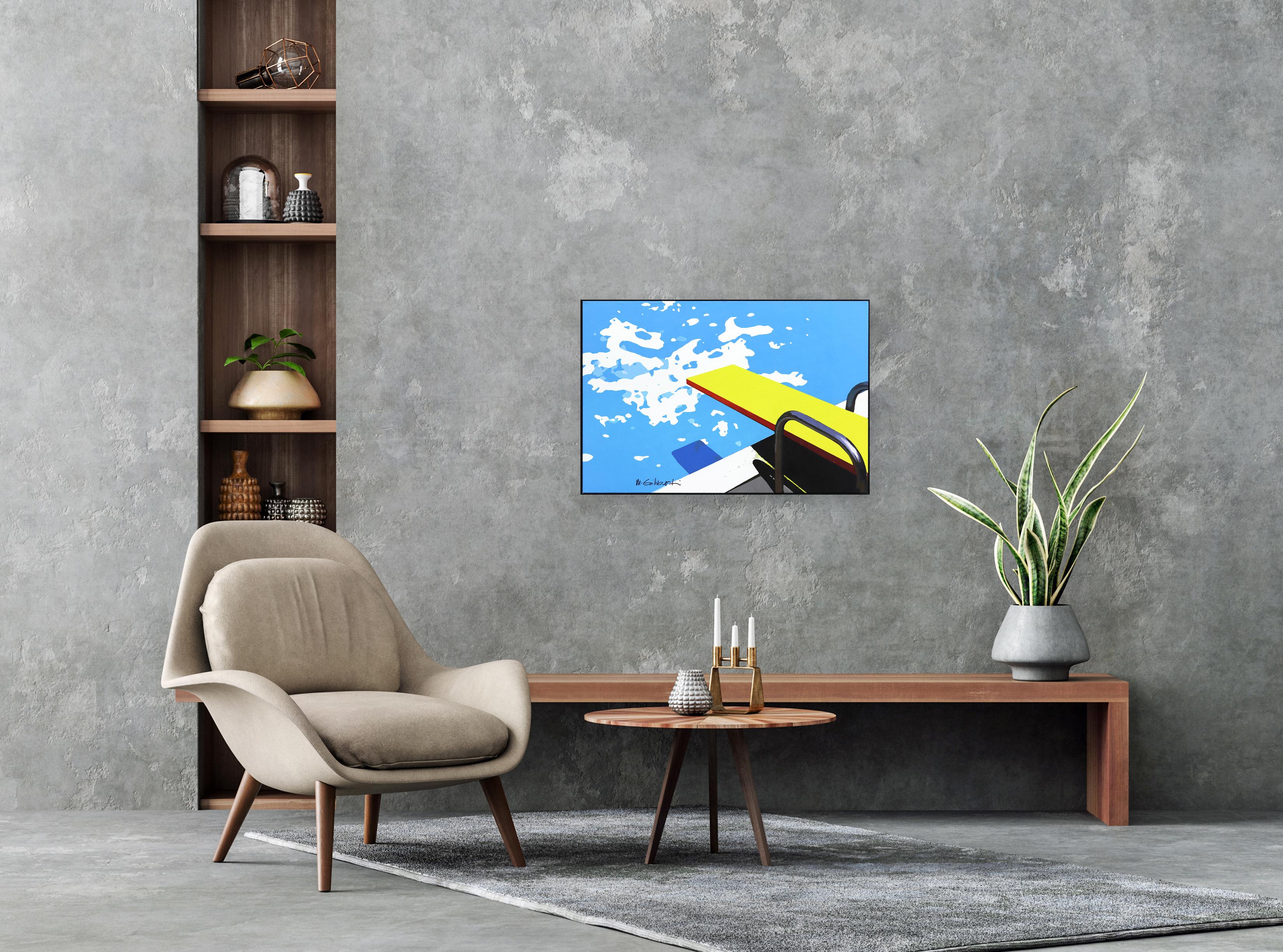 Tablero amarillo - Pintura abstracta vibrante de bodegón de piscina moderno de mediados de siglo - Painting de Michael Giliberti