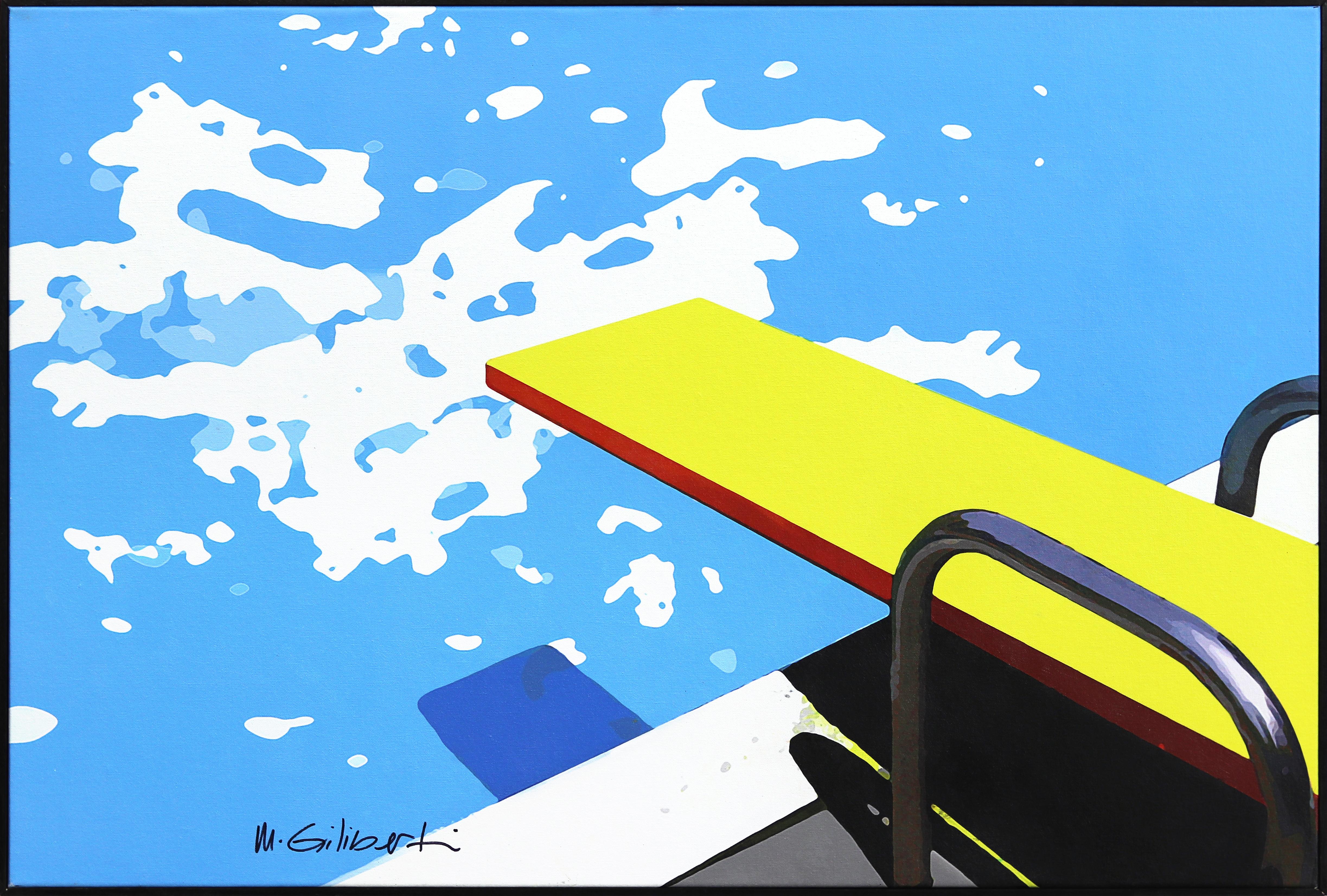 Still-Life Painting de Michael Giliberti - Tablero amarillo - Pintura abstracta vibrante de bodegón de piscina moderno de mediados de siglo