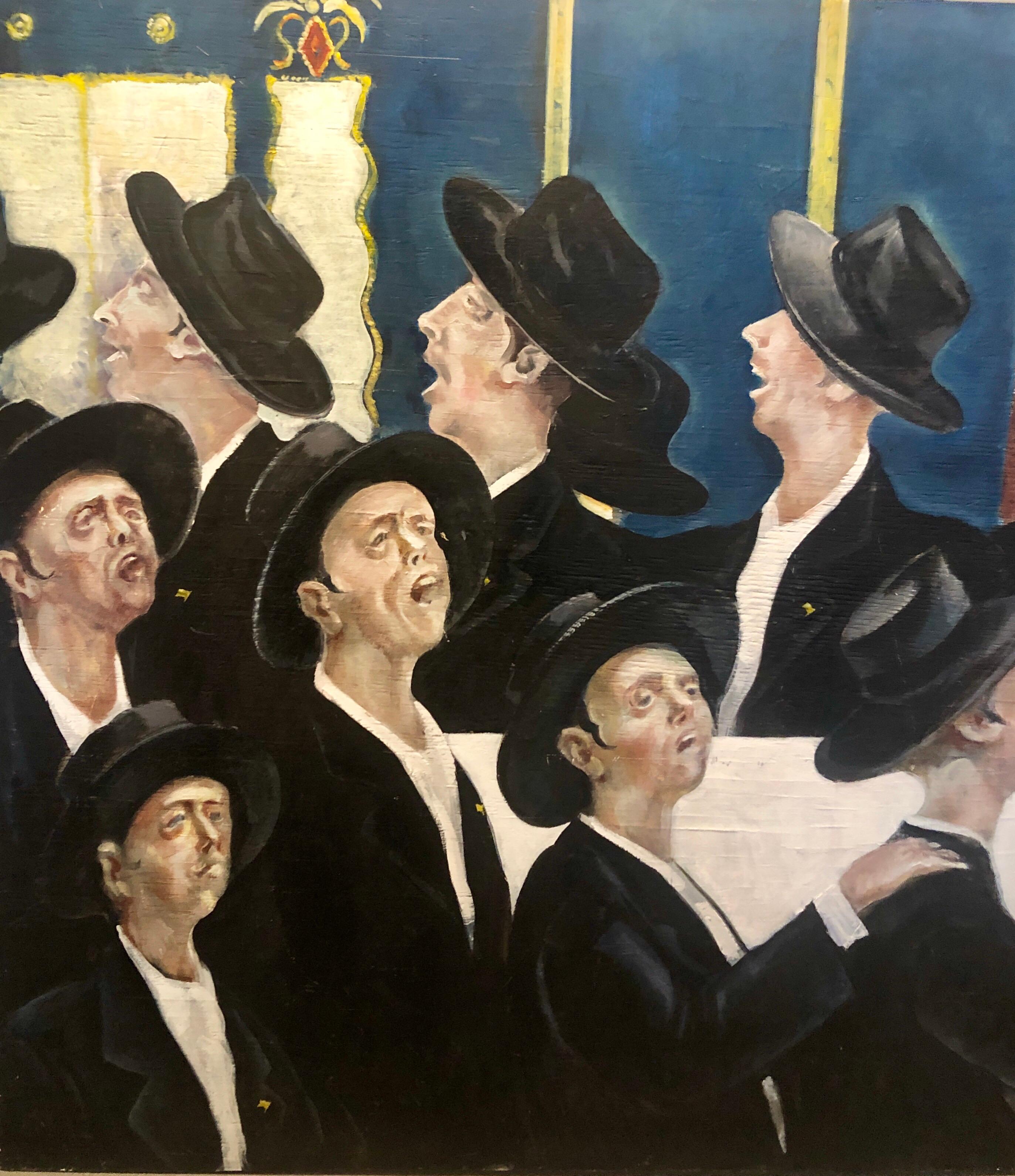 Bochurim dansant 770 Chabad Synagogue judaïque Jewish Chassidic Art peinture à l'huile en vente 5