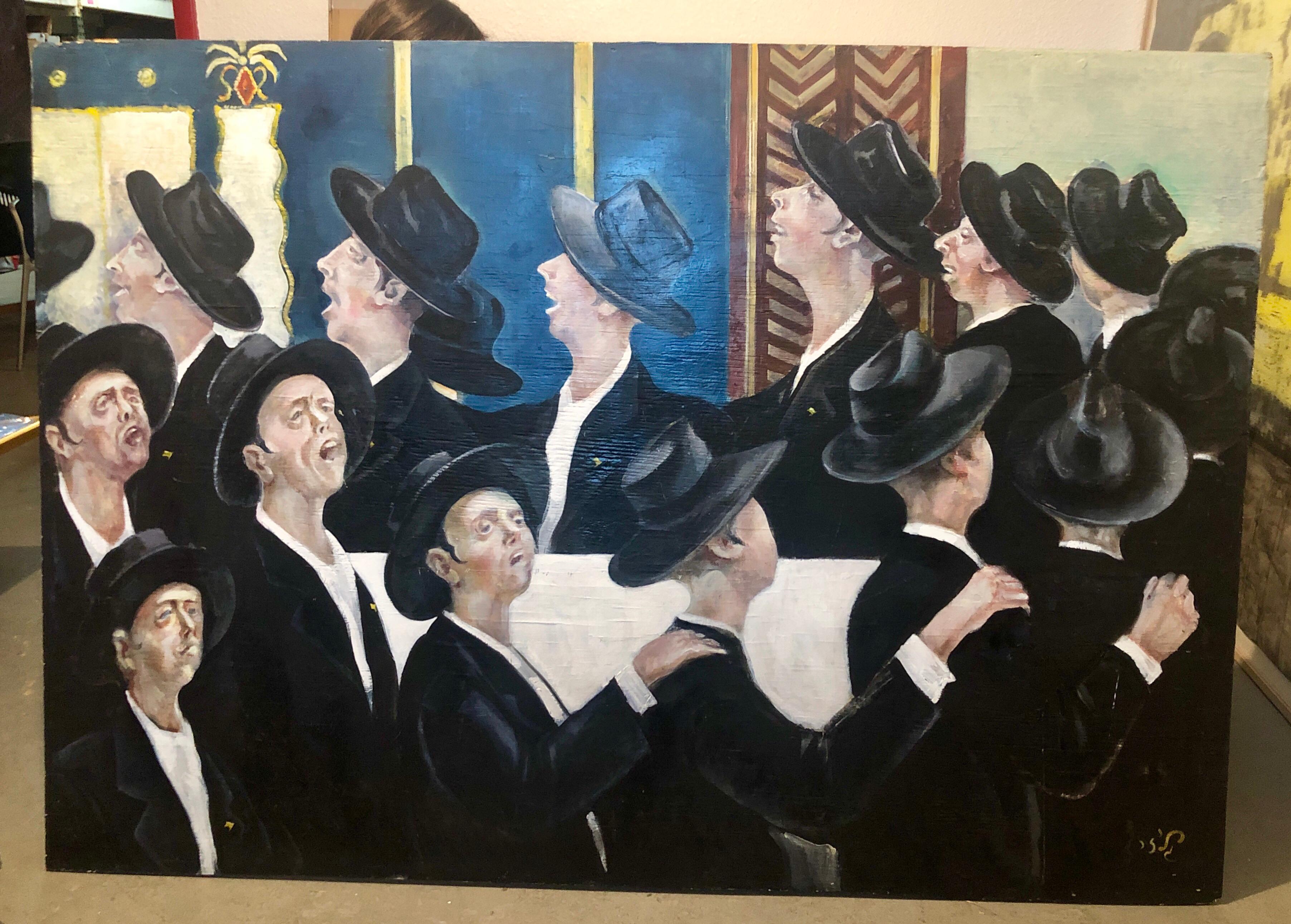 Bochurim dansant 770 Chabad Synagogue judaïque Jewish Chassidic Art peinture à l'huile en vente 6