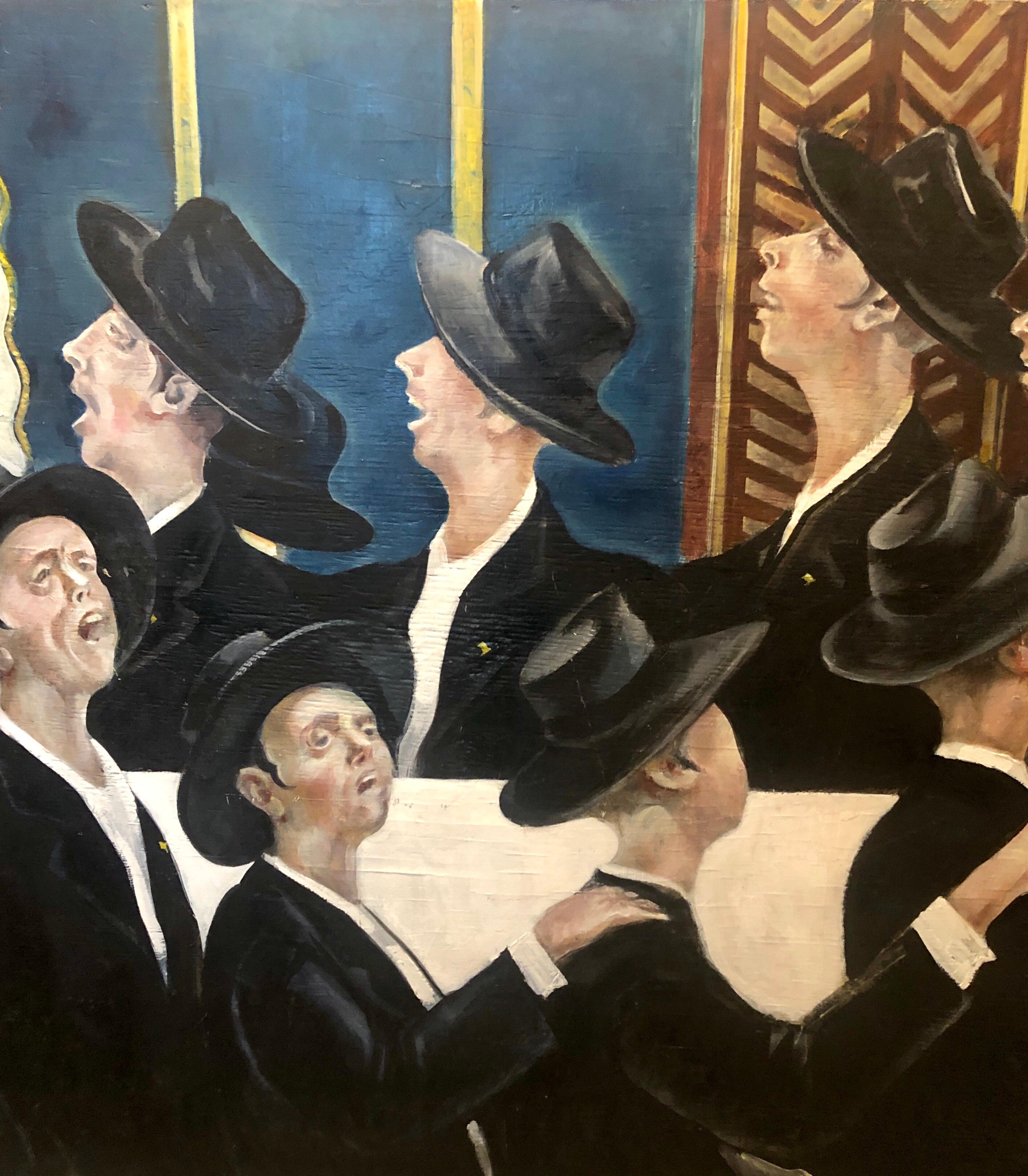 Bochurim dansant 770 Chabad Synagogue judaïque Jewish Chassidic Art peinture à l'huile en vente 7