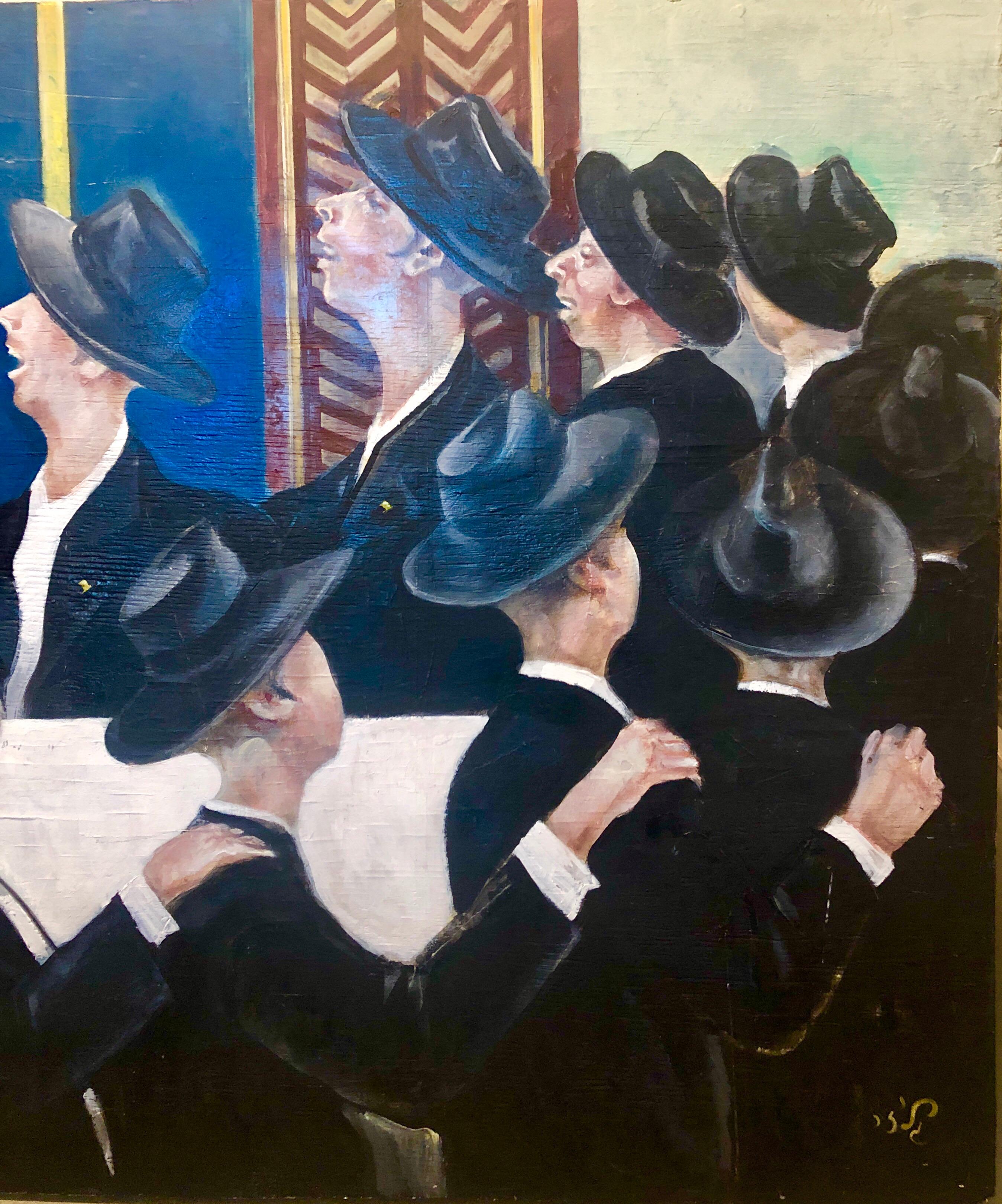 Bochurim dansant 770 Chabad Synagogue judaïque Jewish Chassidic Art peinture à l'huile en vente 8