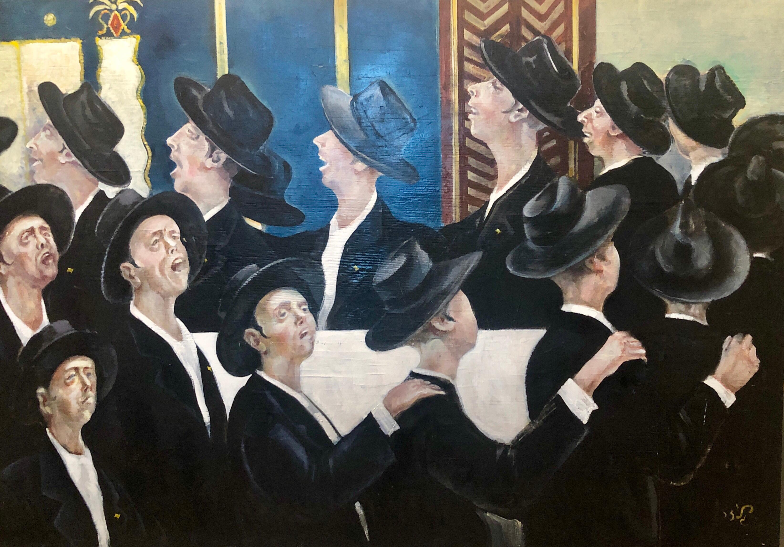 Bochurim dansant 770 Chabad Synagogue judaïque Jewish Chassidic Art peinture à l'huile en vente 9