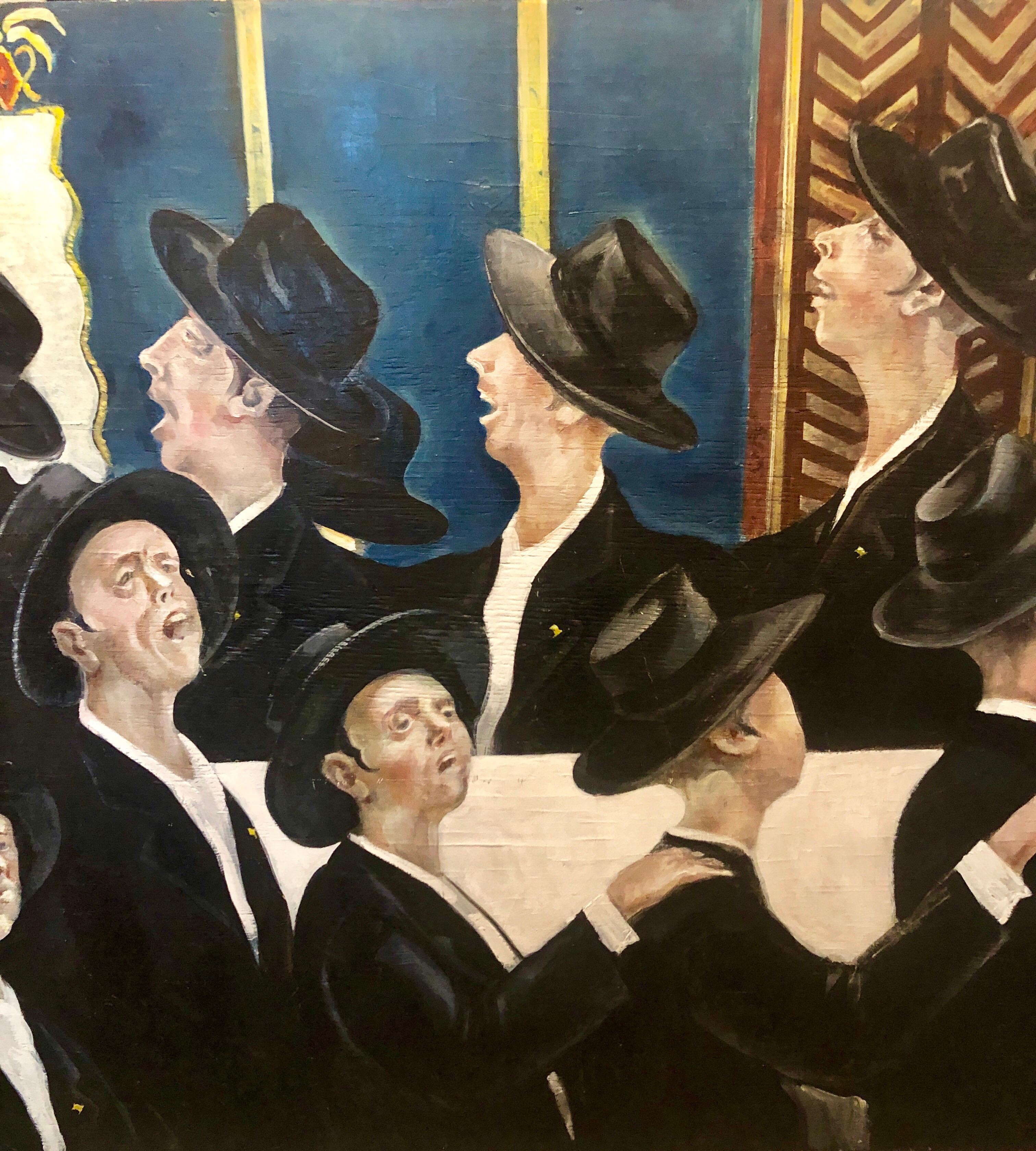 Bochurim dansant 770 Chabad Synagogue judaïque Jewish Chassidic Art peinture à l'huile - Artisanat Painting par Michael Gleizer