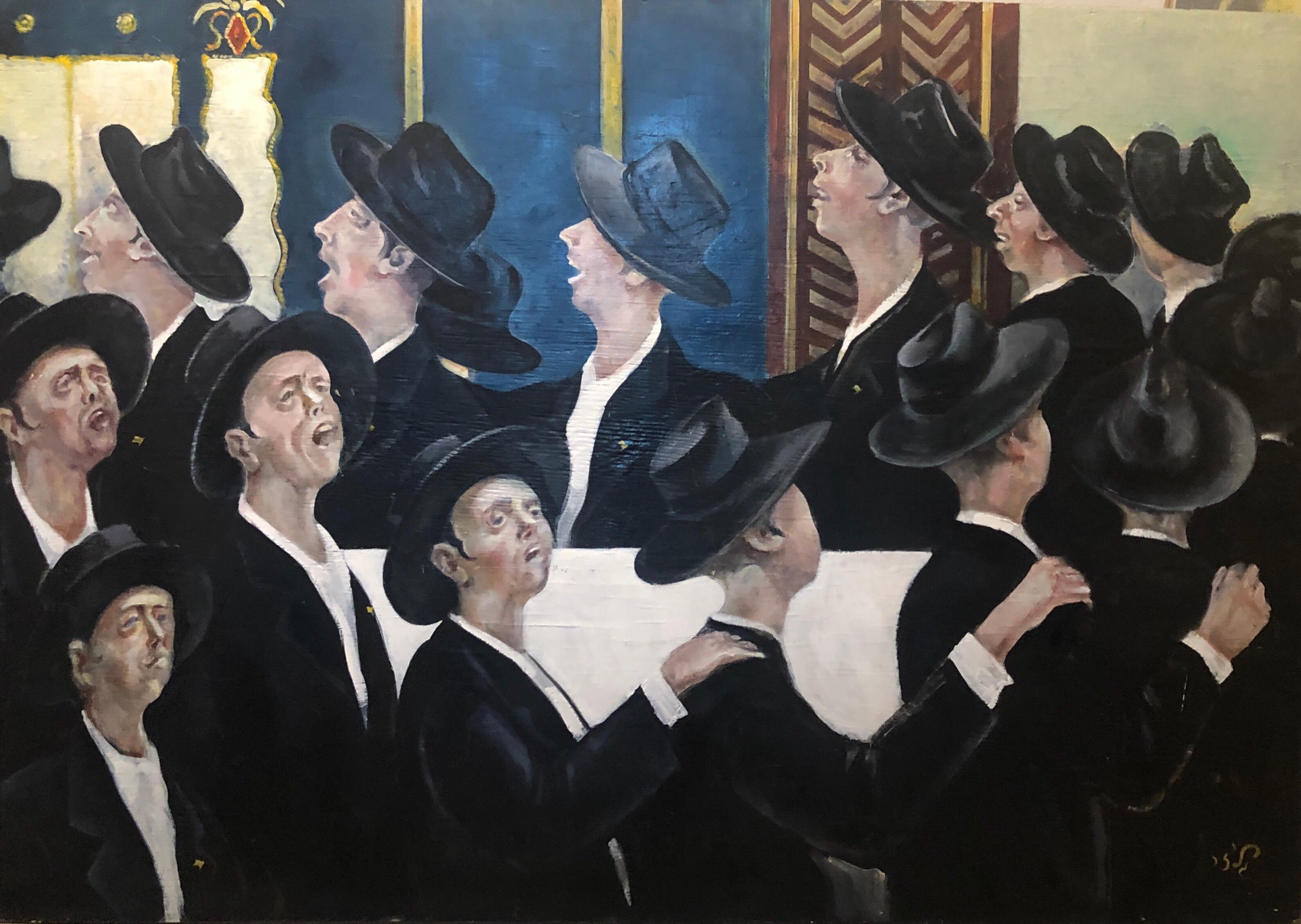 Bochurim dansant 770 Chabad Synagogue judaïque Jewish Chassidic Art peinture à l'huile en vente 3