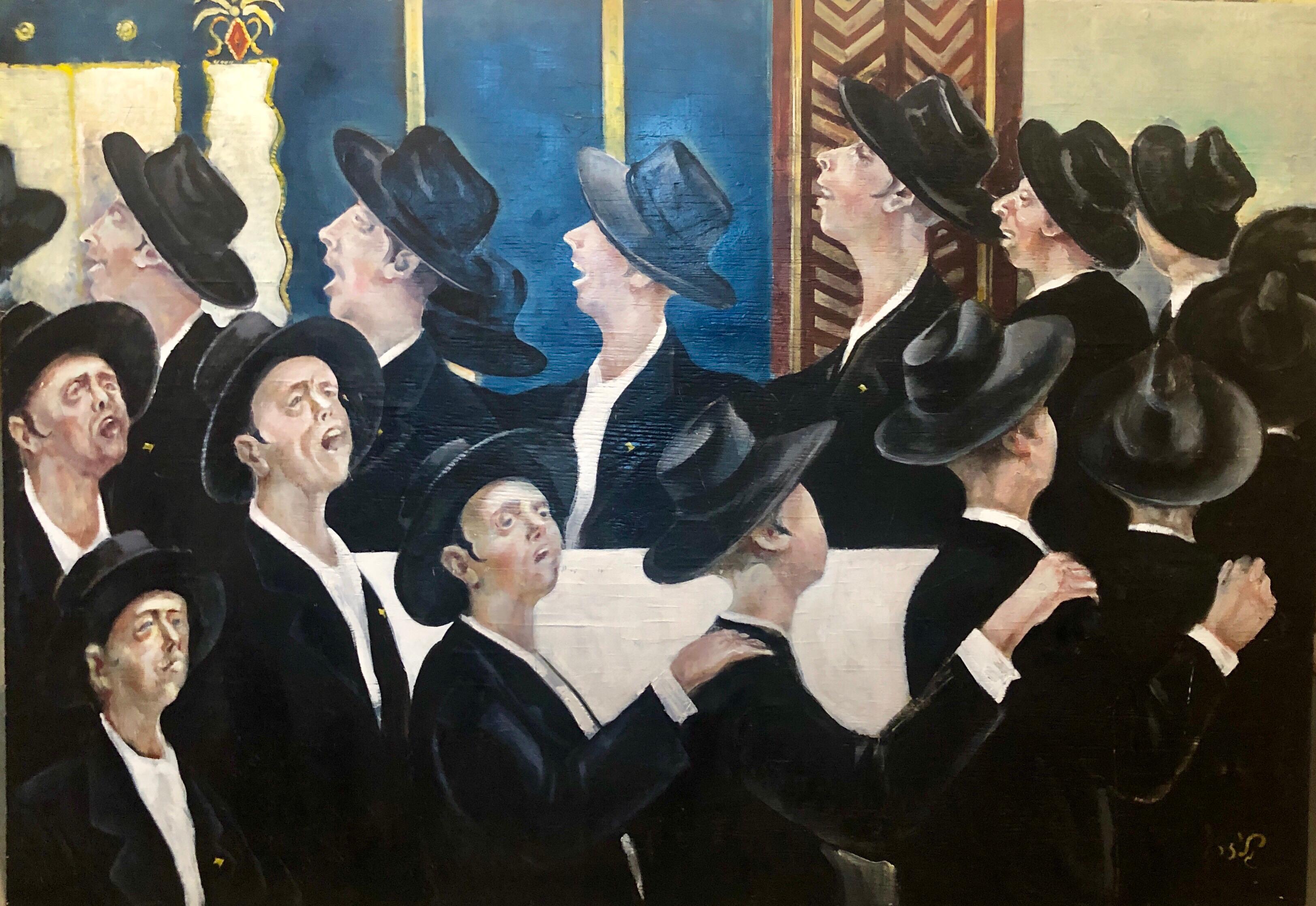 Bochurim dansant 770 Chabad Synagogue judaïque Jewish Chassidic Art peinture à l'huile
