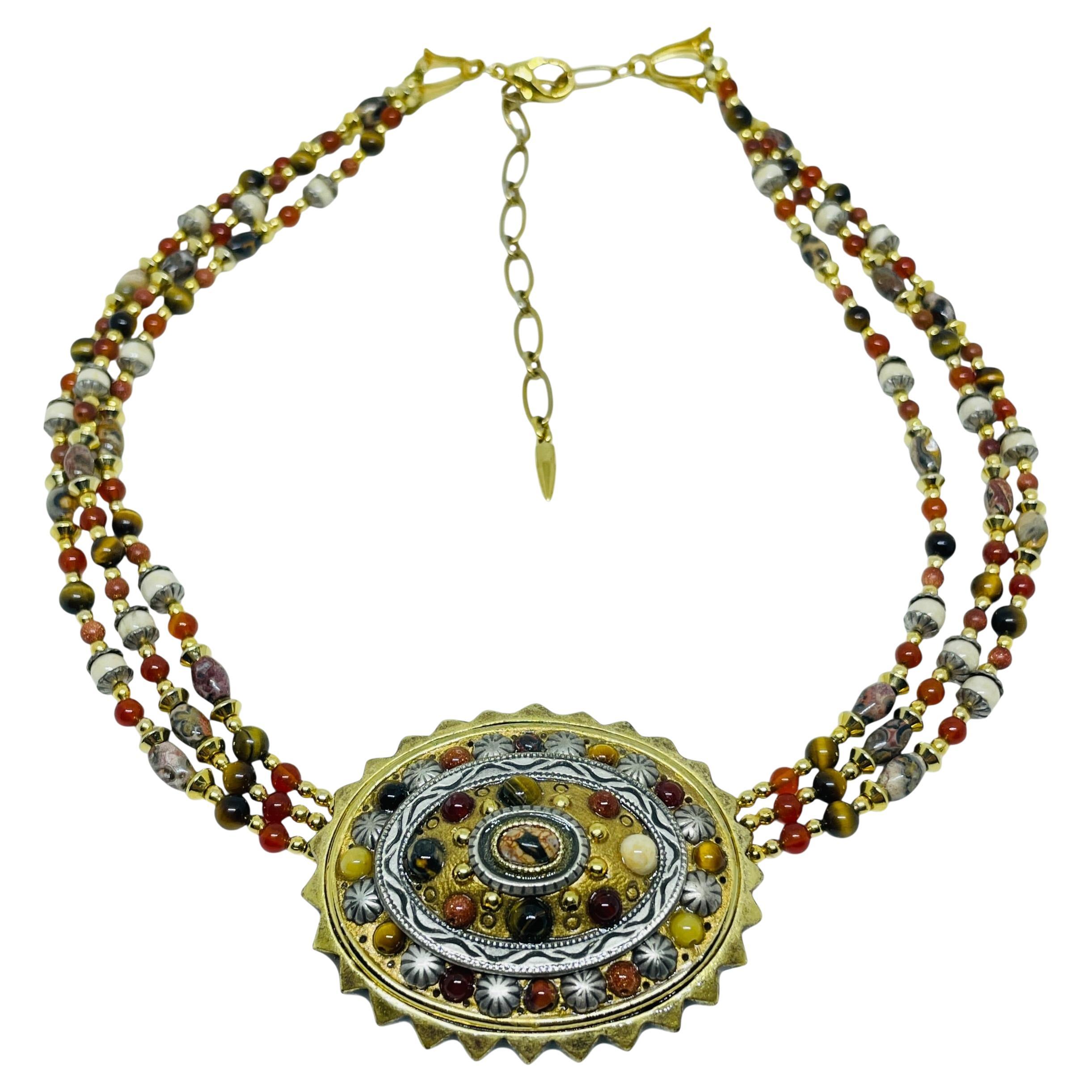 MICHAEL GOLAN signed gold plated natural gemstone designer necklace For Sale
