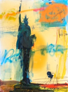"Statue of Liberty" Contemporary Yellow & Blue Tone Expressive Abstract Painting