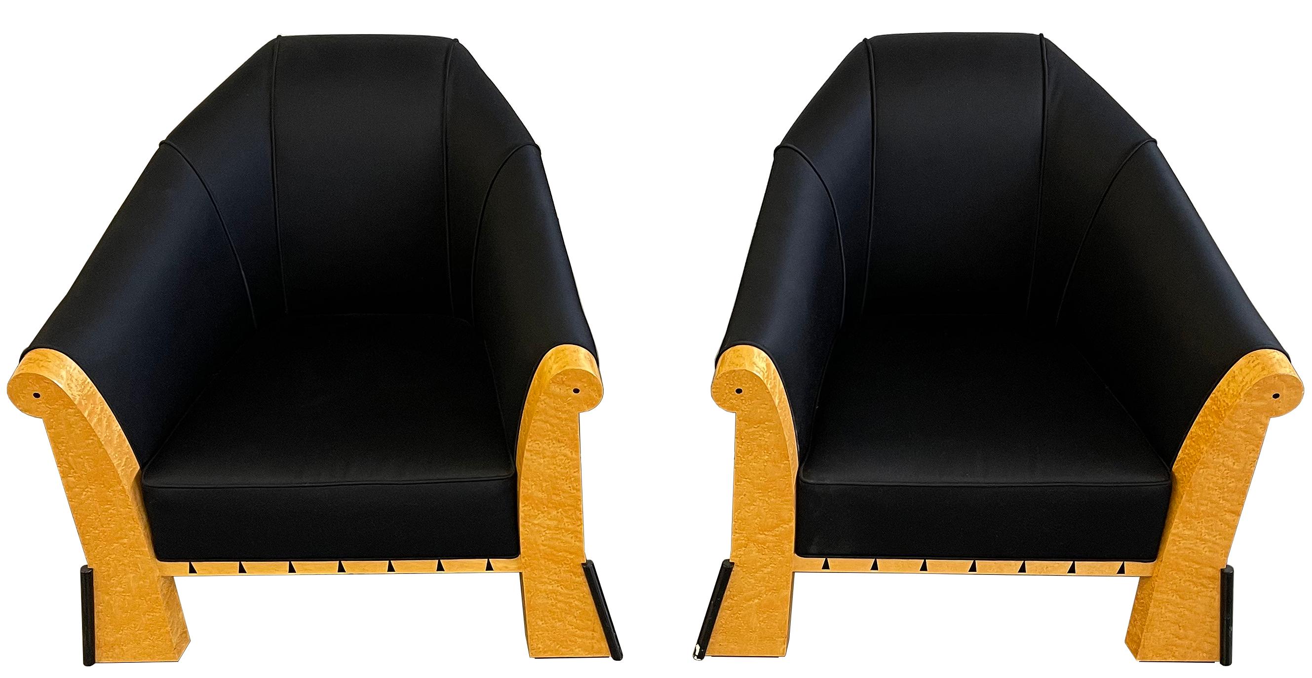 An amazing pair of Postmodern lounge chairs by iconic designer Michael Graves, circa 1980
These chairs were created with the highest quality materials and craftsmanship. 

A rare pair in original black silk textile. 

Crafted of bird's-eye