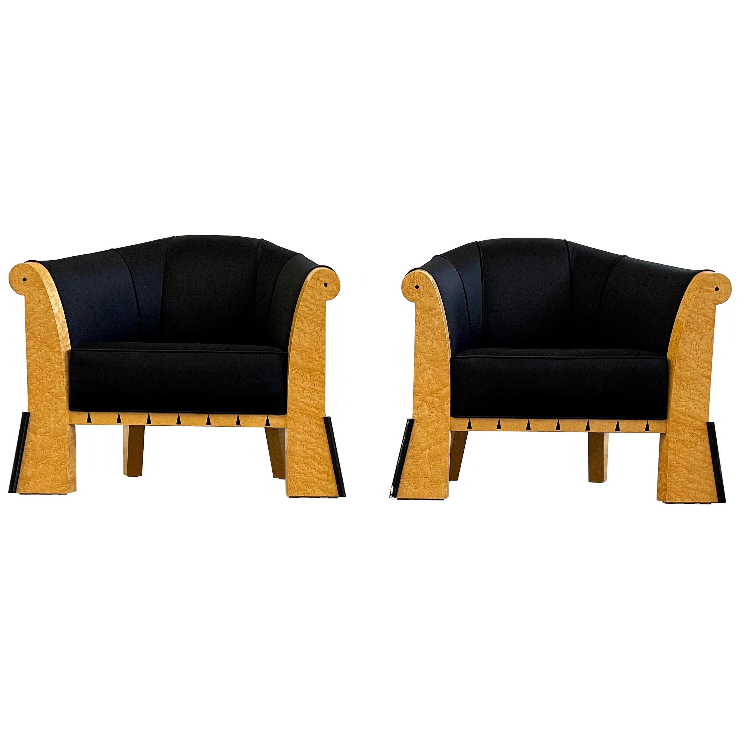 Michael Graves Pair of Postmodern Lounge Chairs in Silk and Bird's-Eye Maple