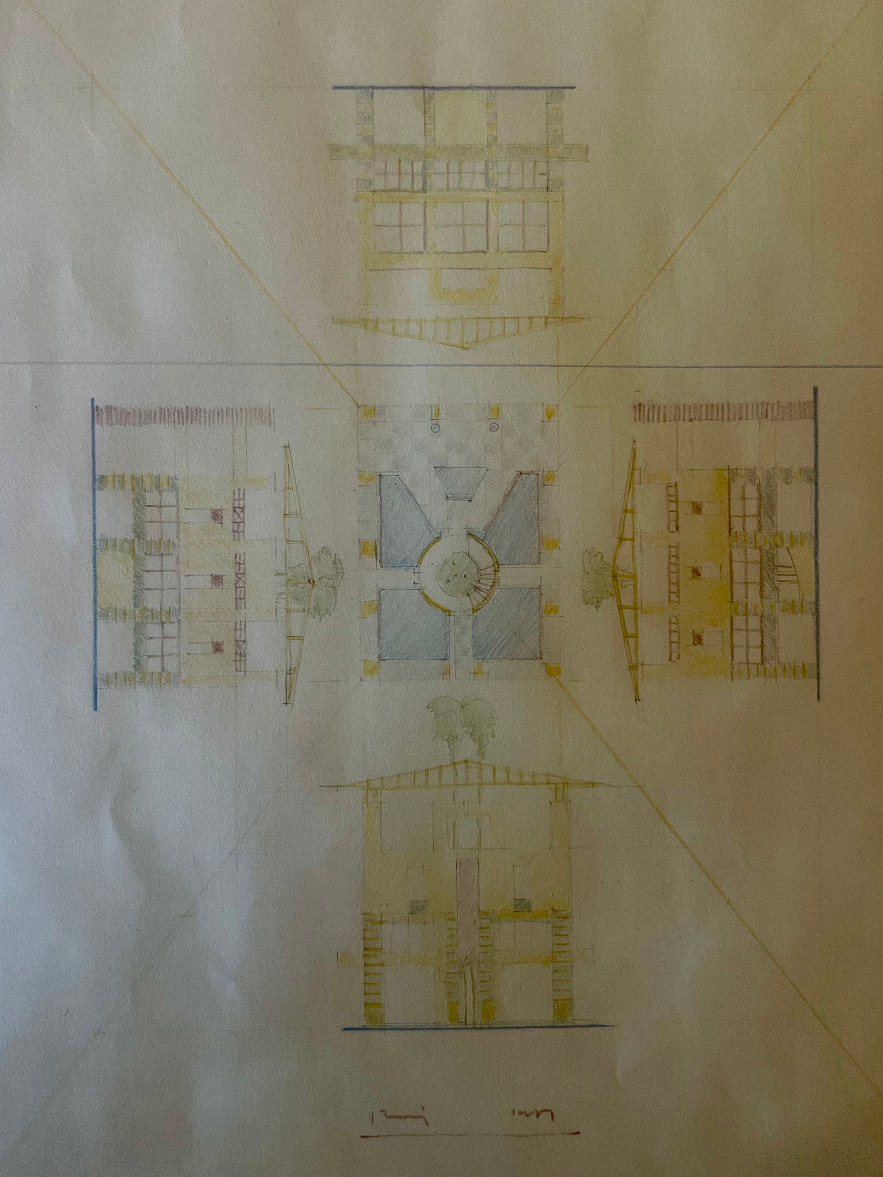 Graphit, Farbstift/Papier Original Architekturzeichnung signiert von Michael Graves sehr selten circa 1980er Jahre.