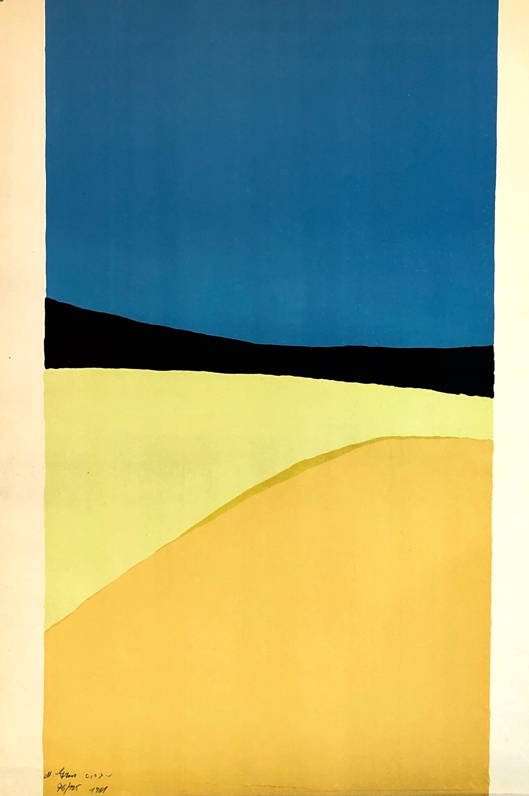 Abstract Composition, 1959 Silkscreen Lithograph "Landscape with Sea".
This was from a portfolio which included works by Yosl Bergner, Menashe Kadishman, Yosef Zaritsky, Aharon Kahana, Jacob Wexler, Moshe Tamir and Michael Gross.

Michael Gross