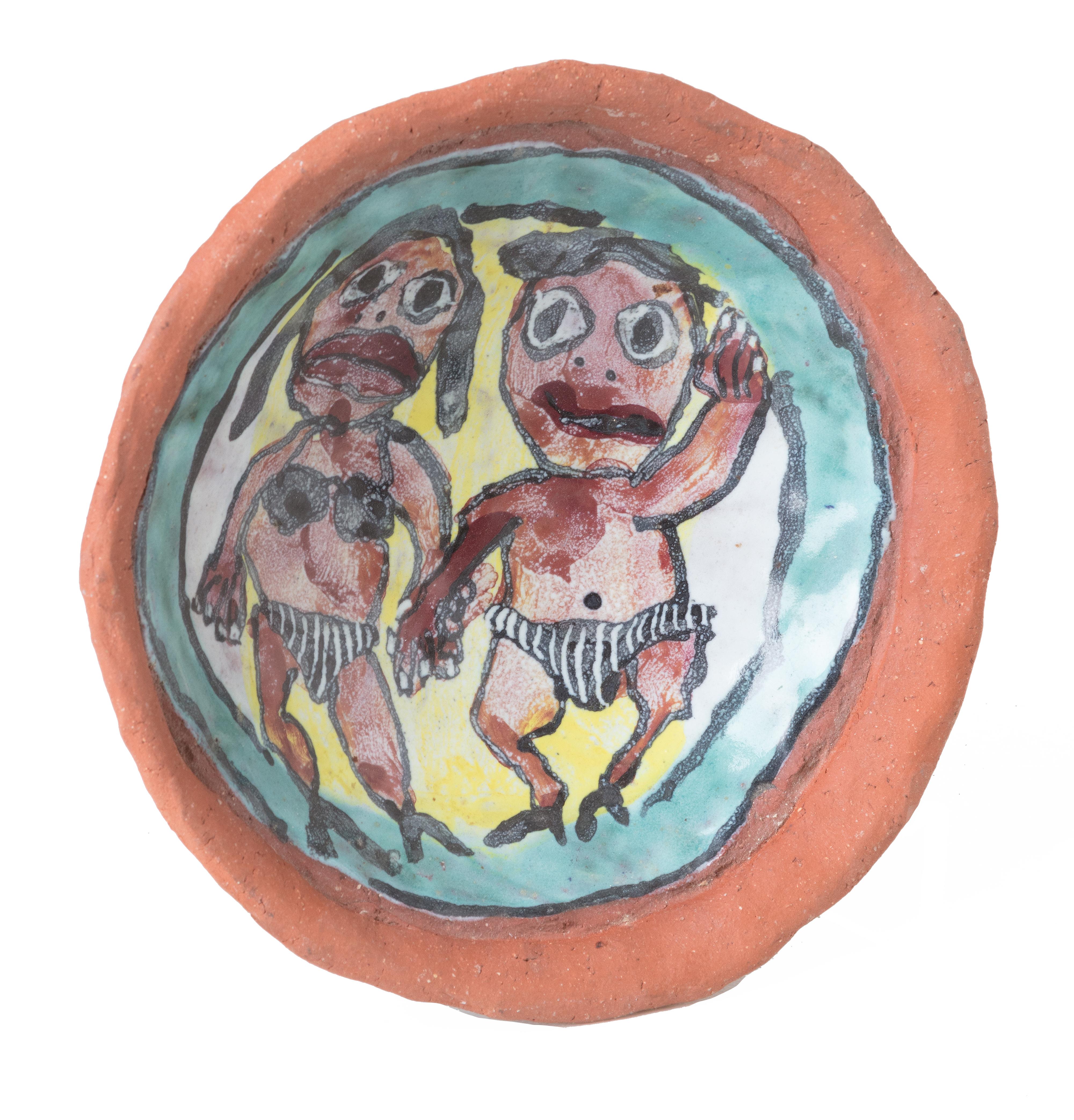 'Untitled (Man & Woman in bikinis)' Ceramic Bowl, signed and dated - Sculpture by Michael Gross