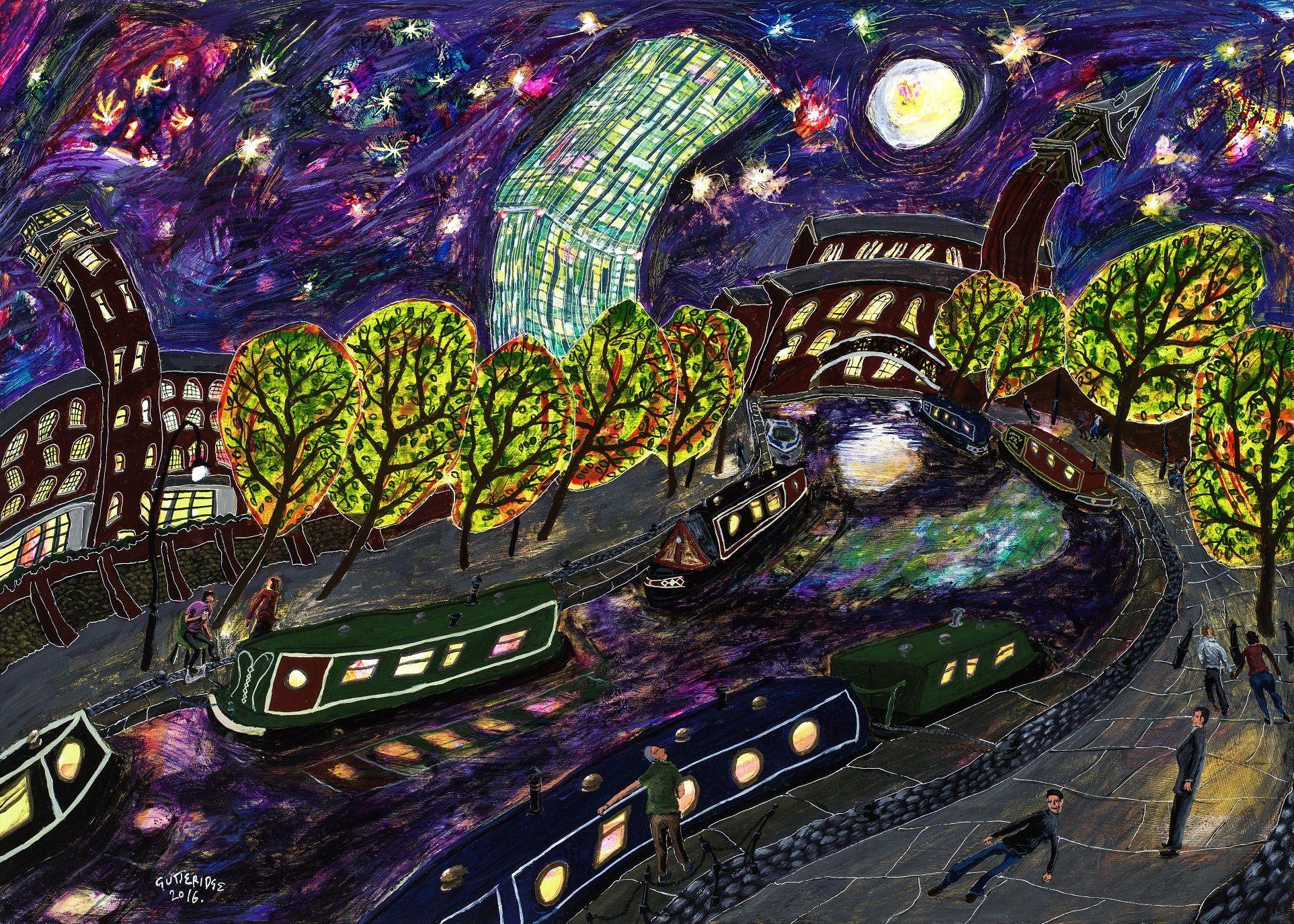 Castlefield No. 4 (an der Nacht.), Gemälde, Acryl auf anderem – Painting von Michael Gutteridge
