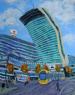 City Tower, Manchester, with Lowry Figures, Painting, Acrylic on Wood Panel