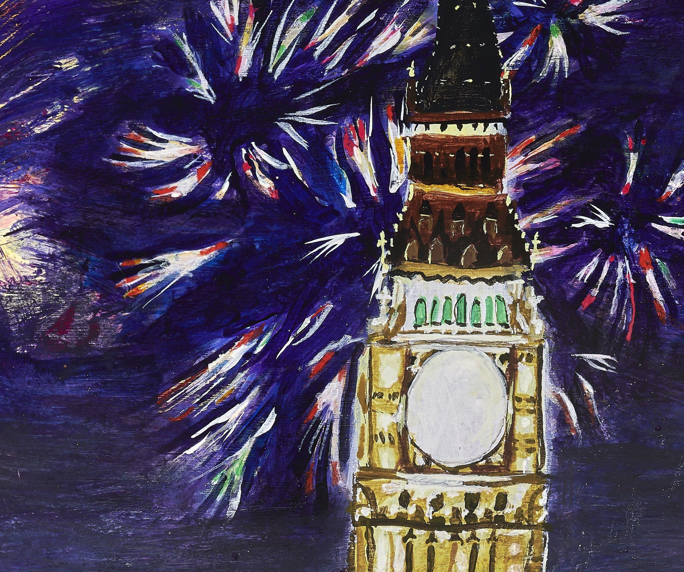   This is a nocturnal landscape painting of a firework display over the Houses of Parliament, Westminister, London, England, in which through exaggerated use of colours, especially lots of sumptious violets, purples, phthalo blue and contrasting