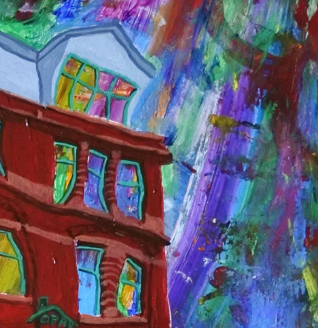 Me atrajo pintar este edificio por su intenso color rojo, y ése fue el punto de partida para crear varias armonías cromáticas con violetas y distintos tonos de verde en los árboles, que creo que generan un rayo estético agradable y satisfactorio.