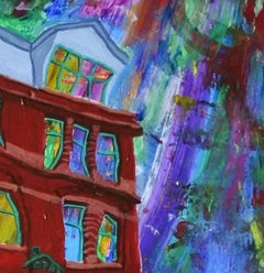 Edificio rosso con alberi su sfondo viola, Pittura, Acrilico su pannello di Wood