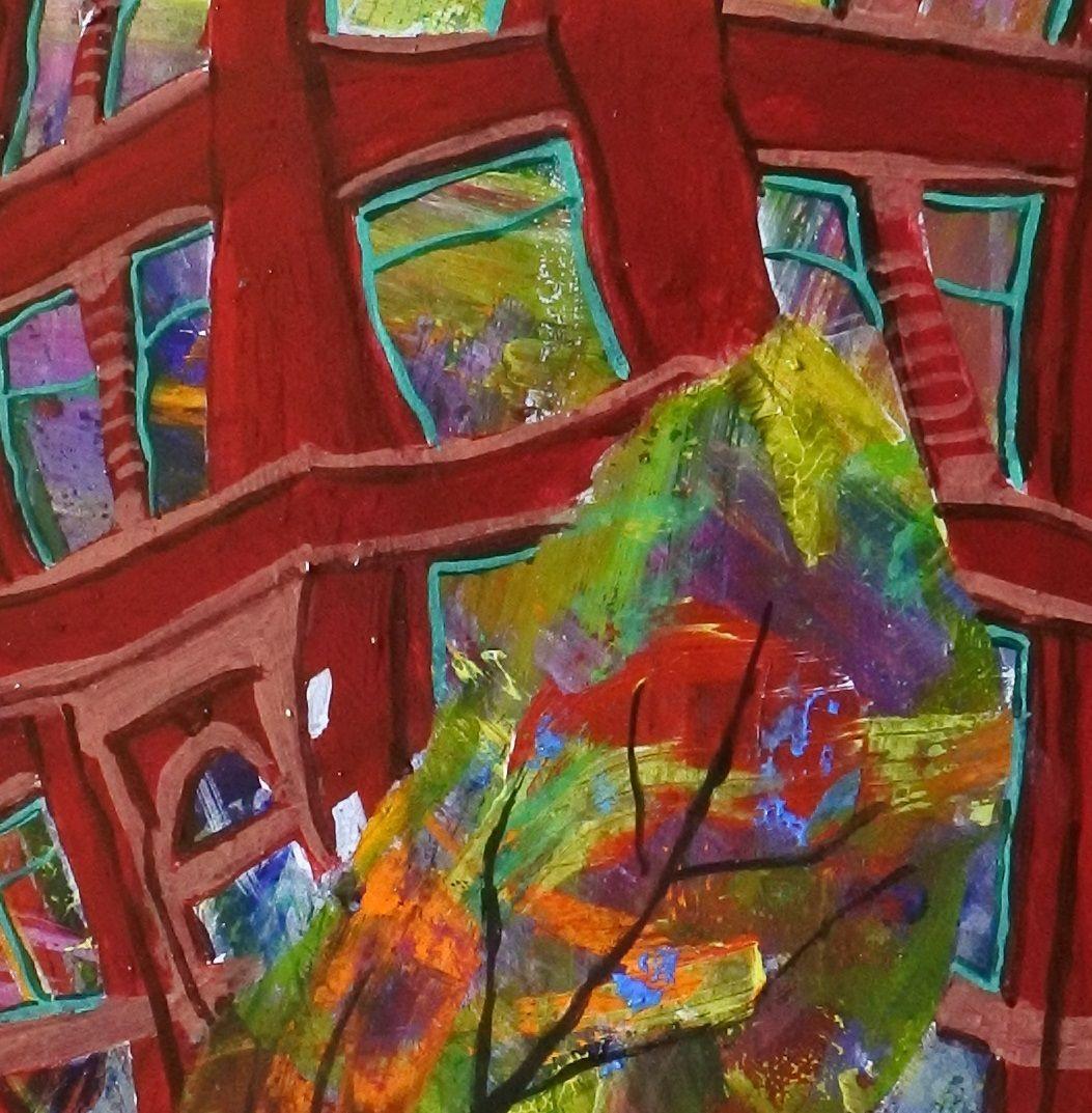 Edificio rojo con árboles sobre fondo violeta, Pintura, Acrílico sobre panel de madera en venta 1