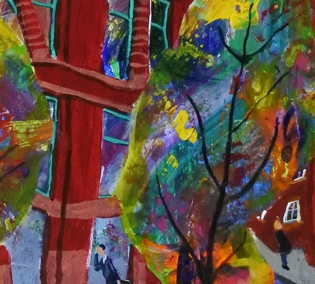 Edificio rojo con árboles sobre fondo violeta, Pintura, Acrílico sobre panel de madera en venta 2