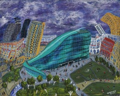 Urbis with Lowry Matchstick Men, Painting, Acrylic on Wood Panel