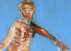 Ancestors. Expressionist blue figurative oil painting of falling man and figures