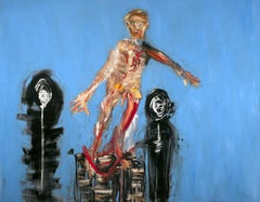 Ancestors. Expressionist blue figurative oil painting of falling man and figures