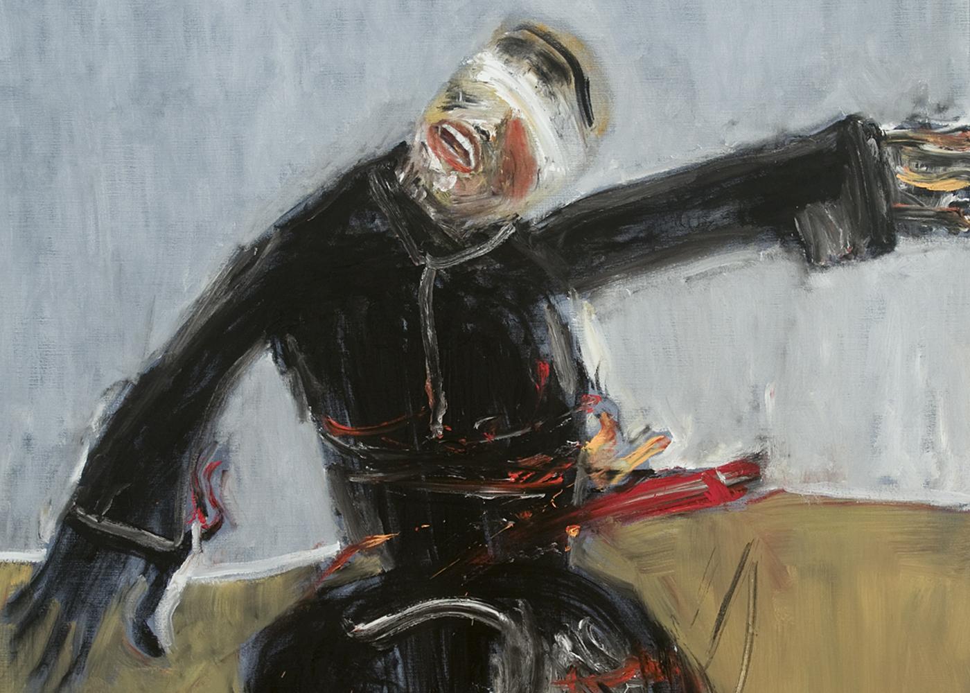 Blindfolded Hasid, expressionistic figurative painting set in war landscape - Gray Figurative Painting by Michael Hafftka
