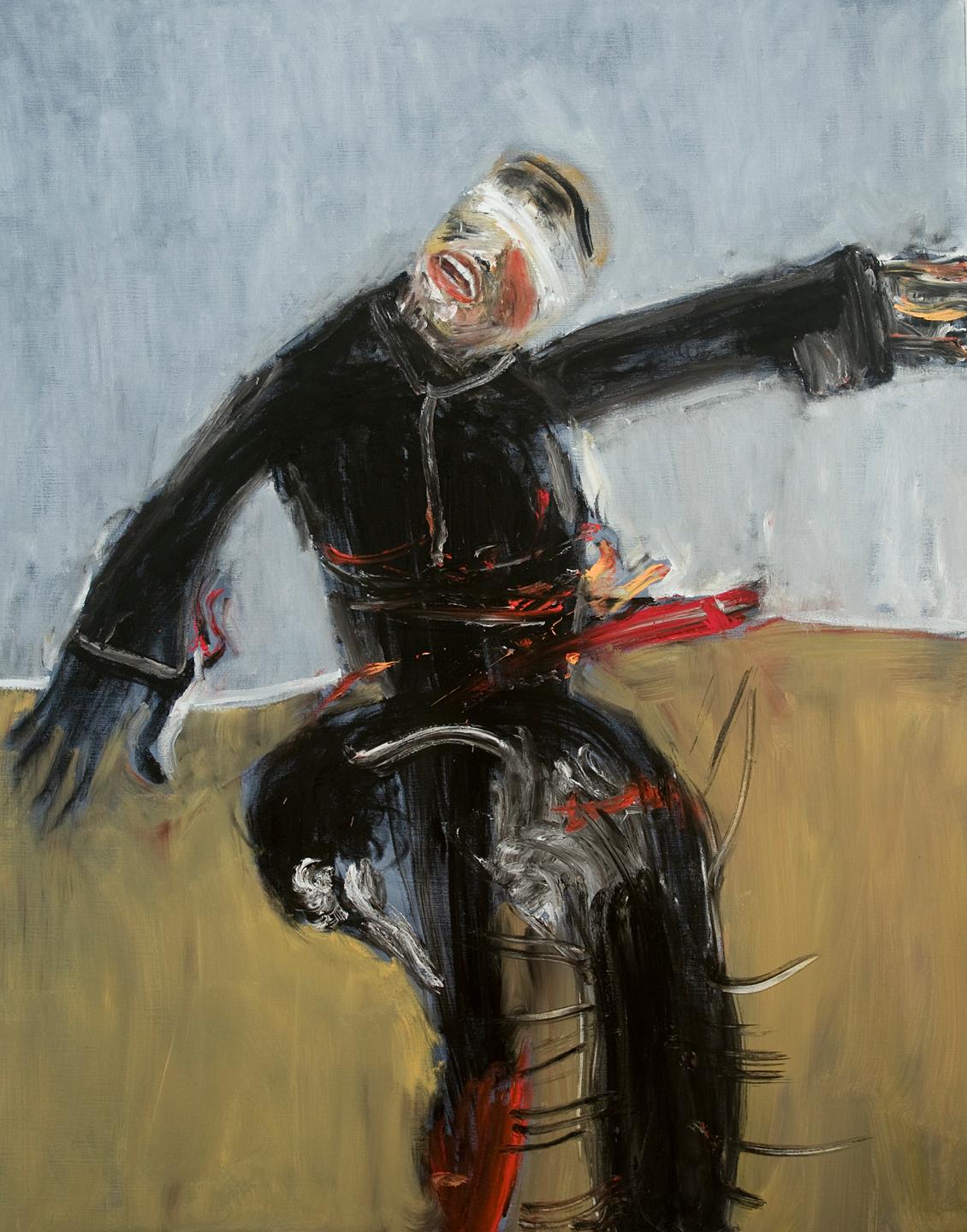 Michael Hafftka Figurative Painting - Blindfolded Hasid, expressionistic figurative painting set in war landscape