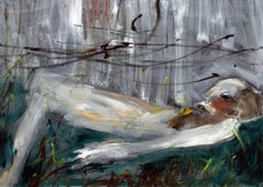 Crushed. Expressionist Holocaust related painting white lying in a green field