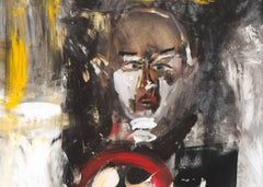 Excavation, figurative oil painting containing a human skeleton