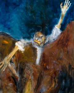 Fissure. Expressionist painting of man trapped by landscape, waving