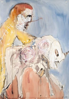 Michael Hafftka, Man and Beast, contemporary watercolor of a male and animal
