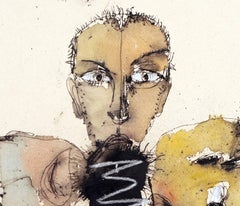 Three. Surrealist figurative watercolor of three male heads on white ground