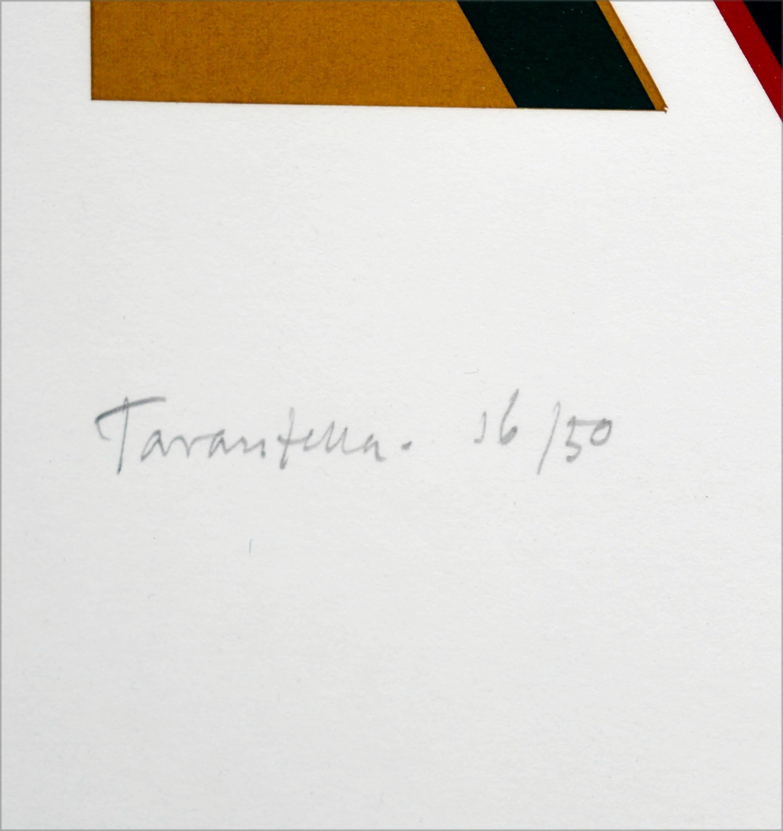 „Tarantella“ – Geometrischer abstrakter Raumteilerdruck mit pfirsichfarbenem, rotem und schwarzem (Farbfeldmalerei), Print, von Michael Hale